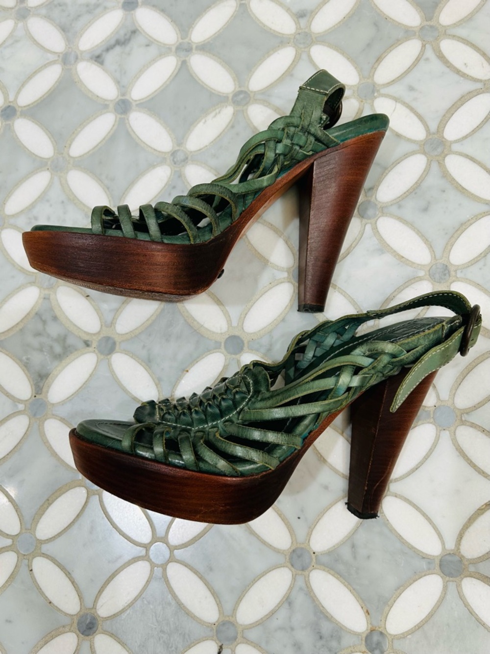 Frye Joy Huarache Platform Sandals Olive Green Leather Wood Heels Boho 9.5 - Picture 5 of 13